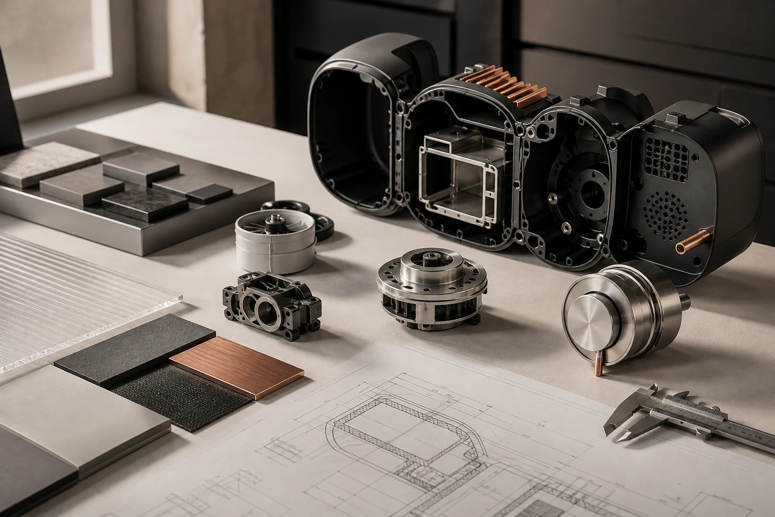 Appliance structure prototypes, material samples and engineering drawings on a product-development workbench