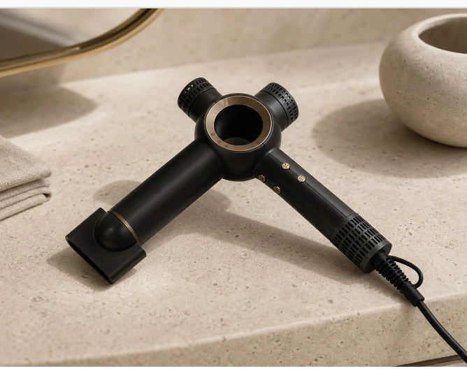 CYZ ELYSIAN AIR 01 high-speed hair dryer in an Obsidian & Gold vanity setting