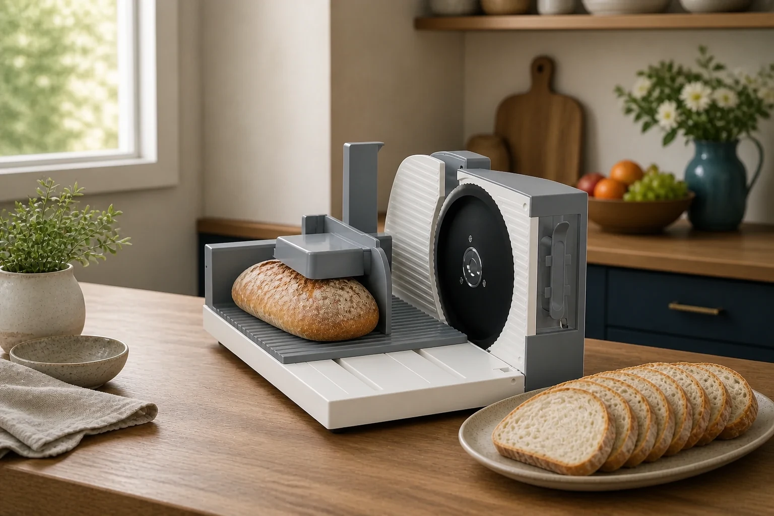 PACE SLICE 02 with a loaf and neatly arranged slices on a warm timber worktop