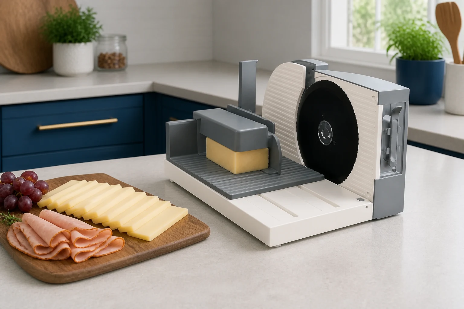 PACE SLICE 02 with cheese and prepared slices in a blue and white kitchen