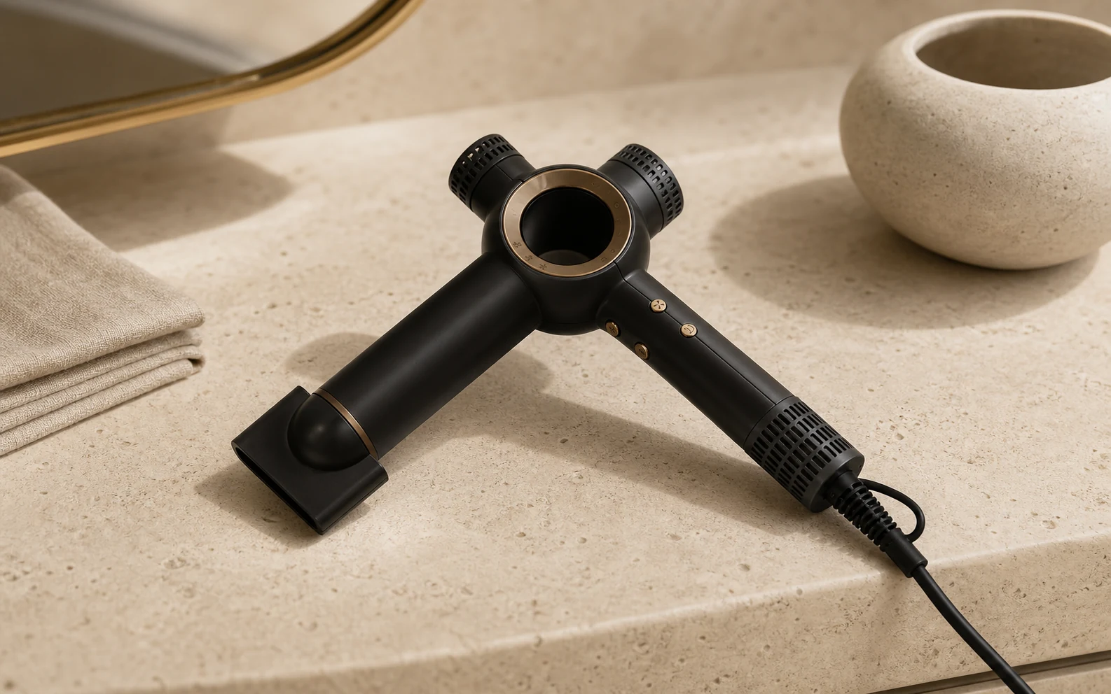 CYZ ELYSIAN AIR (HD-101) high-speed hair dryer in an Obsidian & Gold vanity setting